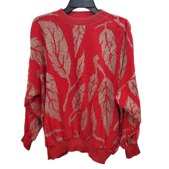 Designer Knit Women's Vintage 80s Red Acrylic Gold‎ Metallic Grandpa Sweater M - Picture 1 of 6